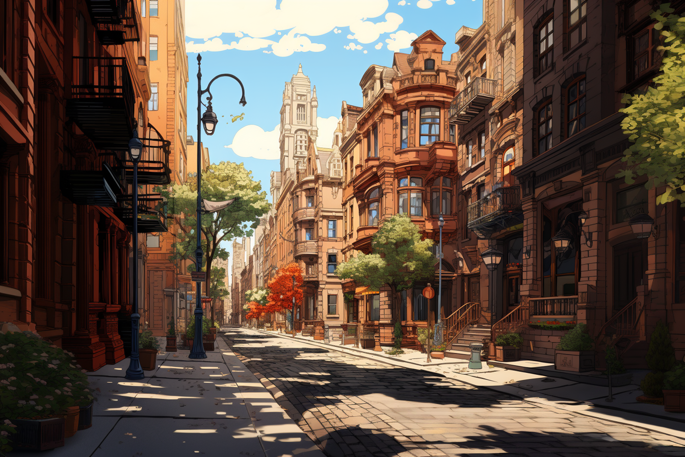 AI generated image in the style of Moebius of a street in Greenwich Village where the architectural style is Art Nouveau